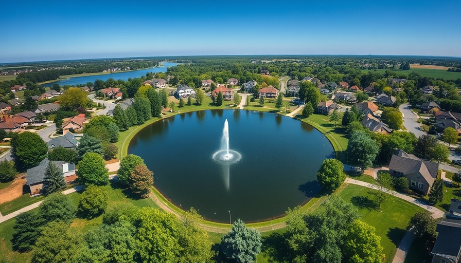 Aerial view of Indiana suburb highlighting lake and green spaces.