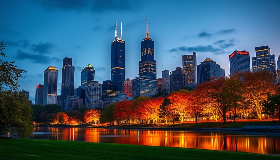 Chicago skyline near park, symbolizing Illinois state income tax.