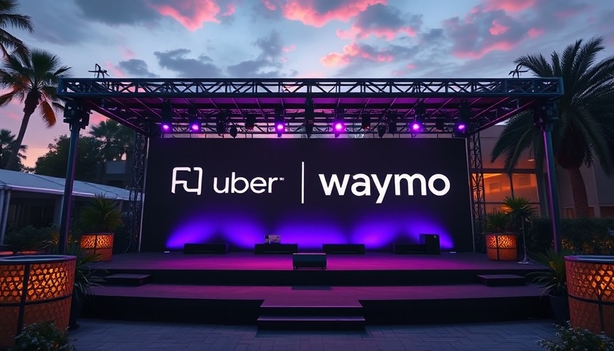 Uber Waymo robotaxi event stage with evening lights.