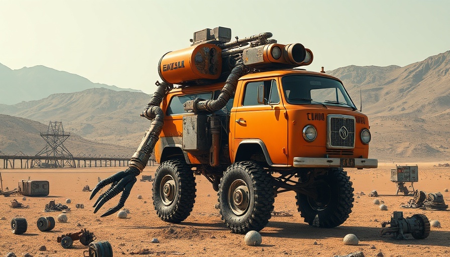 Steampunk robot in wasteland carrying van, The Electric State.