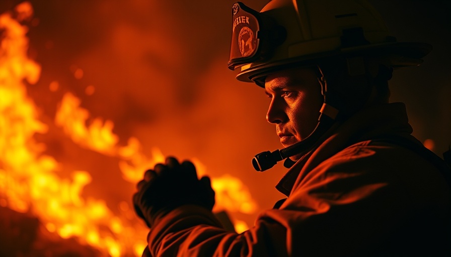 Firefighter battling Arizona wildfire at night, intense flames.