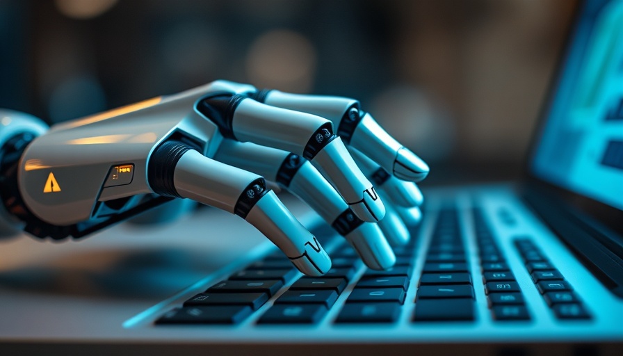 Robot hand typing on a keyboard, illustrating AI agents.