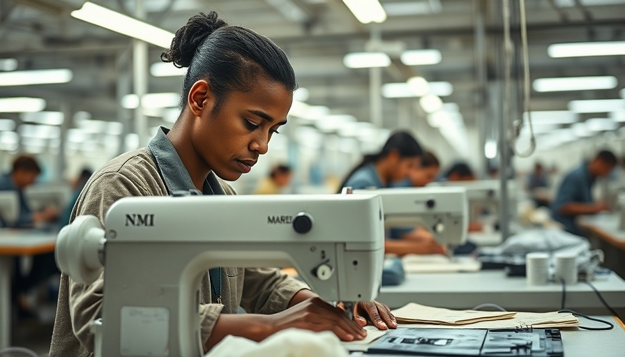 Fashion workers adapt to climate change in garment factory.