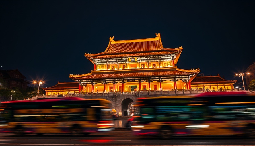 Night view of ancient Chinese building with buses, China's Two Sessions climate policy.