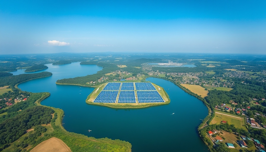 Floating solar power plant in Indonesian landscape.