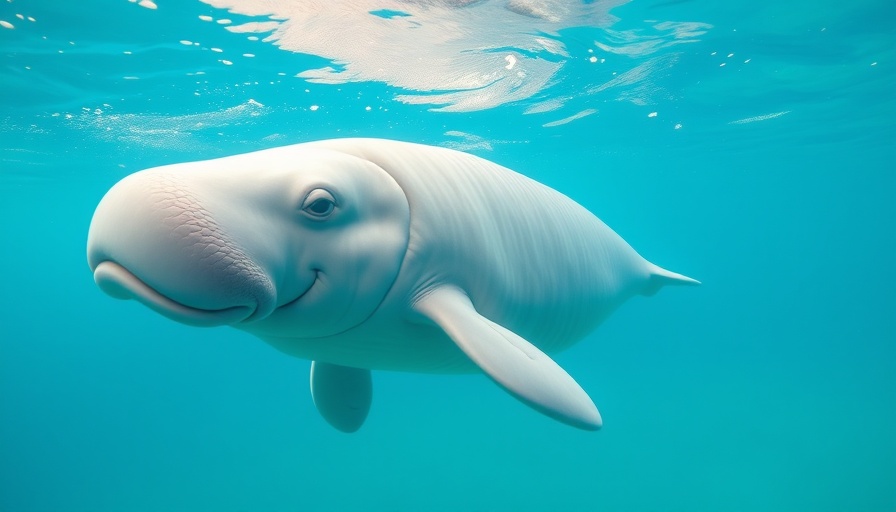 Graceful dugong swimming in clear blue water, photorealistic.