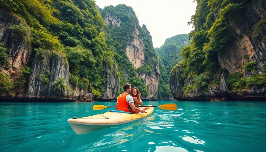 Couple kayaking in picturesque Philippine lagoon, ecotourism scene.