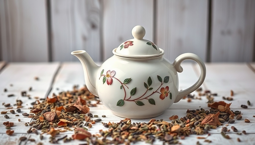Ceramic teapot with herbal teas for menopause on rustic table.