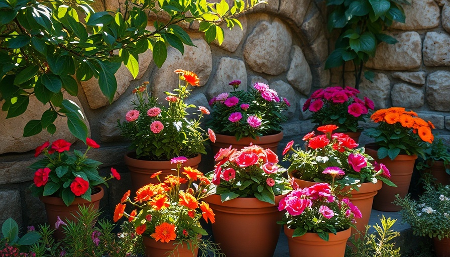 Mindful gardening setup in a lush garden with terracotta pots and flowers.