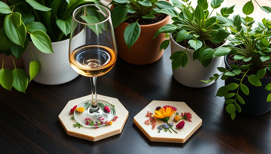 Elegant resin coasters with pressed flowers on a table with plants.