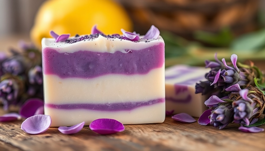 Artisan lemongrass and lavender deodorizing soap on rustic table.