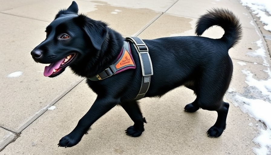 Resilient black dog walking on snowy sidewalk, Ozzie's journey of resilience after paralysis.