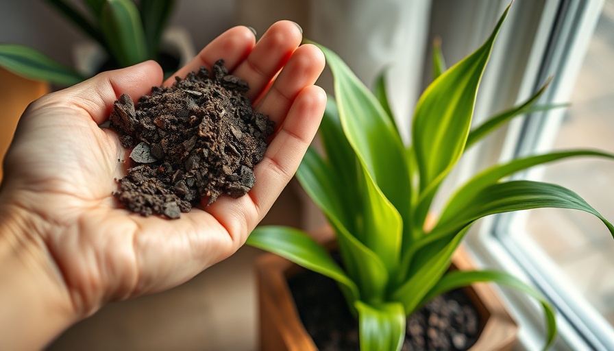 Hand holding soil near a snake plant in wooden planter indoors.