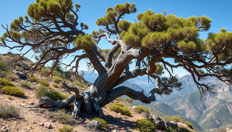 Ancient mountain mahogany tree in rugged landscape, thriving in sunlight.