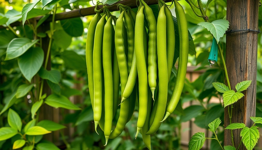 Vibrant yard long beans growing on a trellis in a garden.