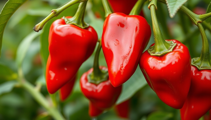 Close-up of red habanero peppers ripening on stems, growing tips.