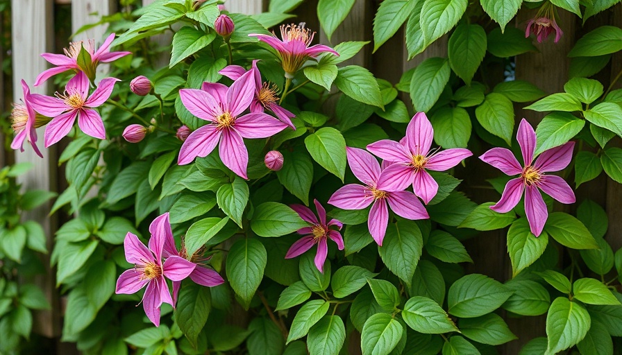 Pink clematis flowers in lush green garden, fall-blooming.