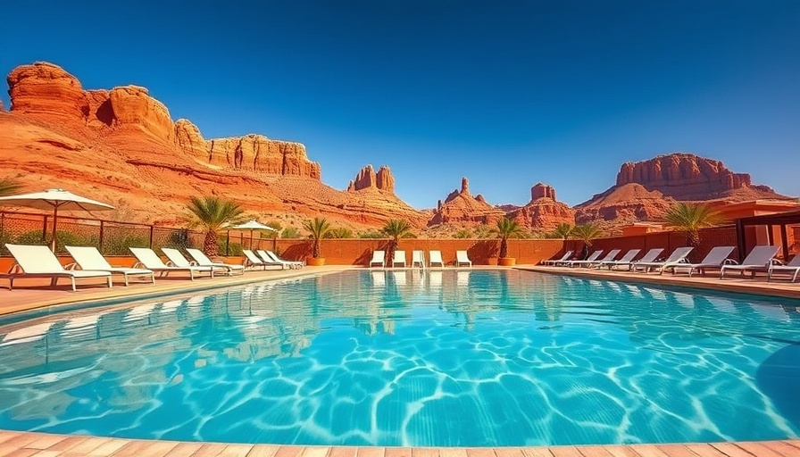 Relaxing poolside area with red rocks, perfect for a girls weekend in Sedona.