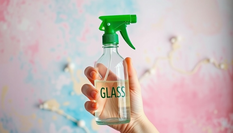 Close-up of a homemade window cleaner spray bottle against a pastel wall.