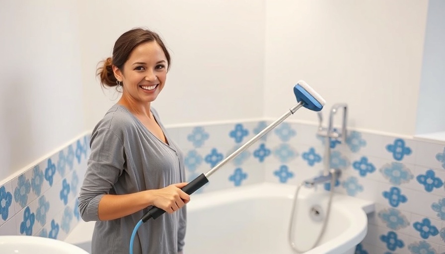 Smiling woman cleaning bathtub in bright bathroom, proper bathtub cleaning.