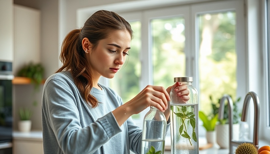 DIY water filter demonstration in a bright kitchen.