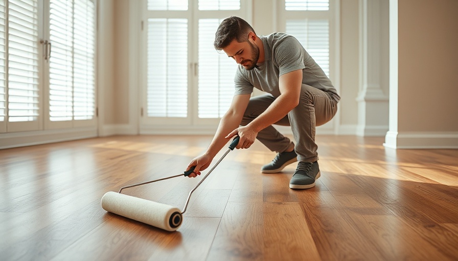 Man refinishing hardwood floor in bright room, photorealistic style.