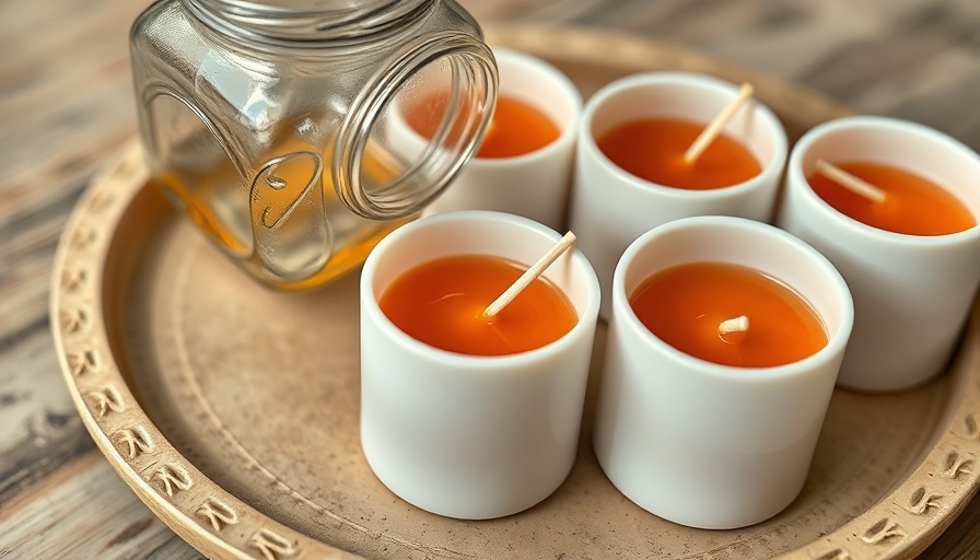 Close-up of candle making with skewers and wax containers.