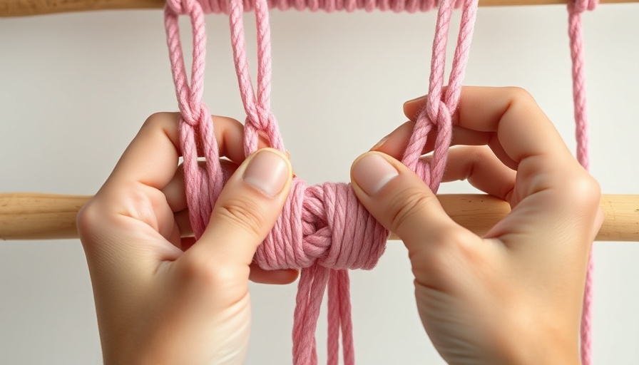 Hands demonstrating how to macrame with pink cord.