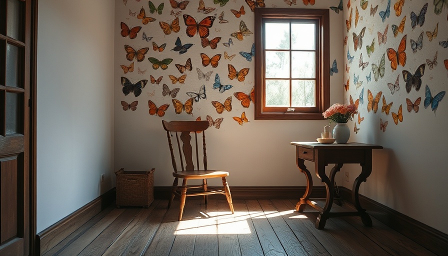 DIY home decor featuring butterfly wallpaper in a traditional room.