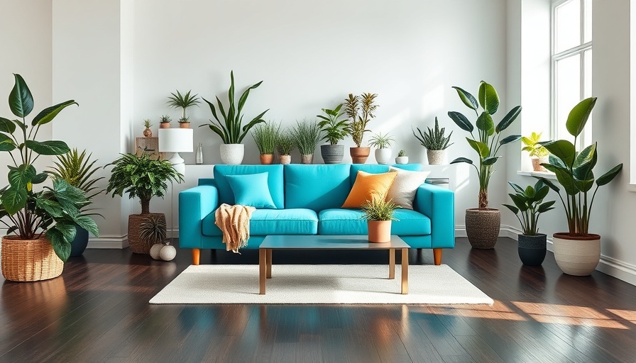 Modern living room with best indoor plants, turquoise sofa, and chic decor.