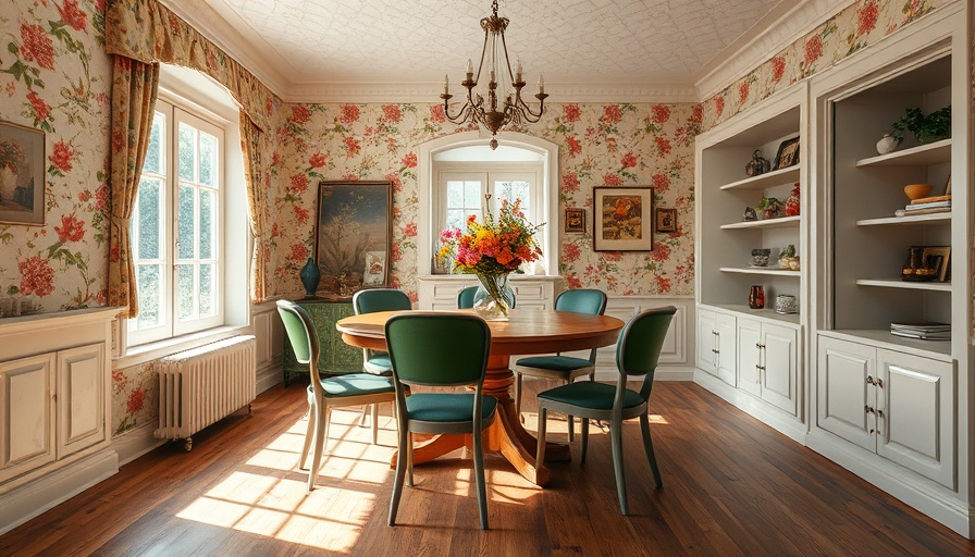 Charming dining room with floral wallpaper ideas and natural lighting.