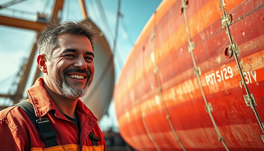 Smiling worker in Bangladesh ship recycling yard, large red ship hull.