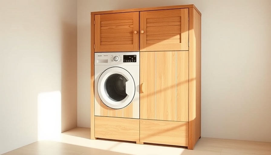 Wooden DIY laundry room washer cabinet in a minimalistic setup.