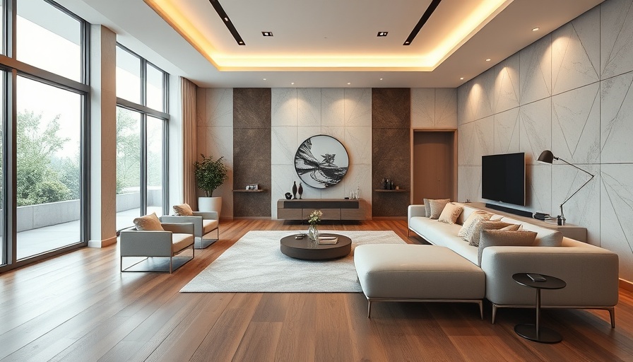 Modern living room with elegant PVC wall panels, warm lighting.
