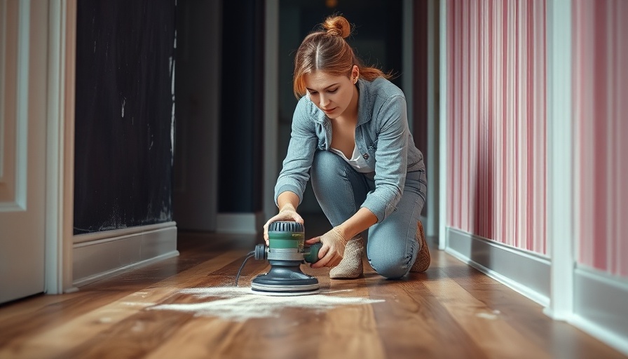 Worker sanding polyurethaned floors in a hallway