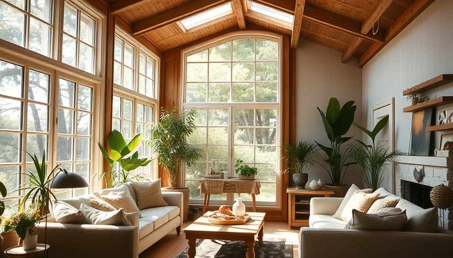 Cozy indoor garden setup in a sunlit room with large windows.