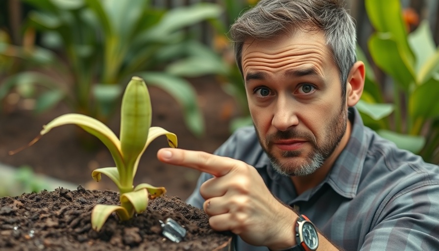 Viral Gardening Hacks: Humorous garden scene with bananas planted in soil.