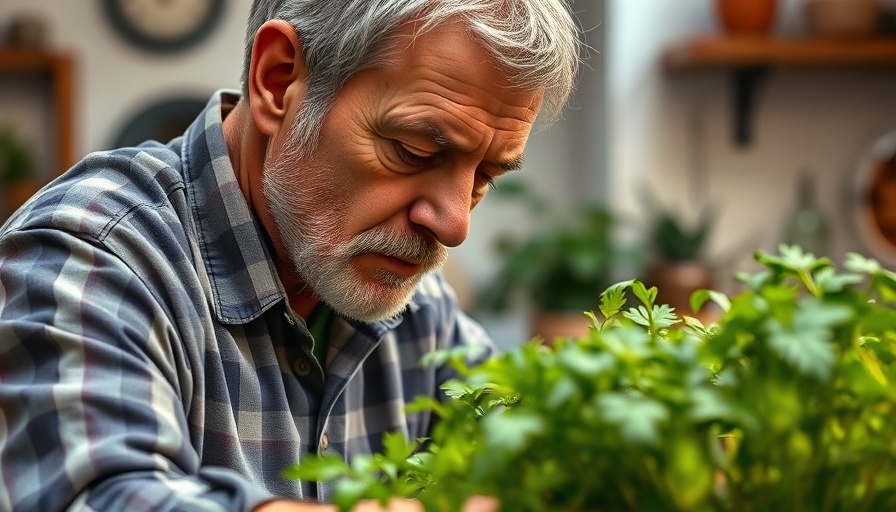 Man growing herbs indoors under LED lights in a cozy setting.