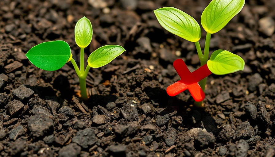 Vegetable garden planting guide with young plants, soil, and symbols.
