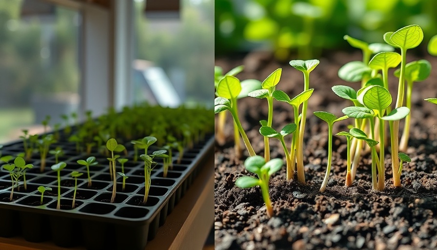 Comparison of indoor seed trays and thriving sprouts outdoors, seeds to start outdoors.