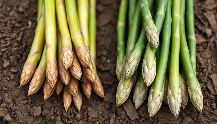 Stages of growing asparagus: roots to spears in soil.