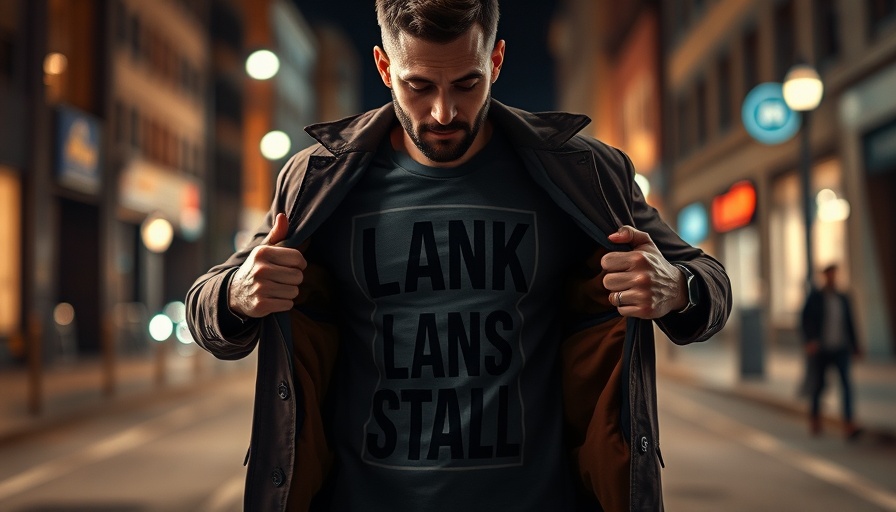 Confident man revealing graphic shirt in night urban setting.