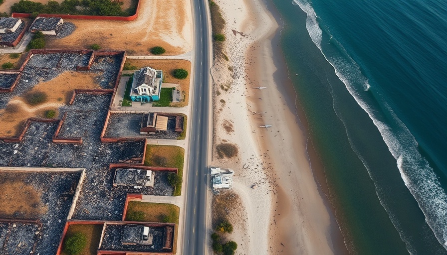 Aerial view of fire-ravaged coastline alongside clear road.