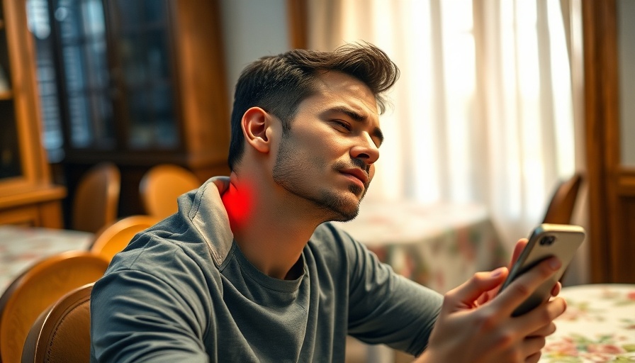 Man with neck discomfort using phone for tech neck prevention.