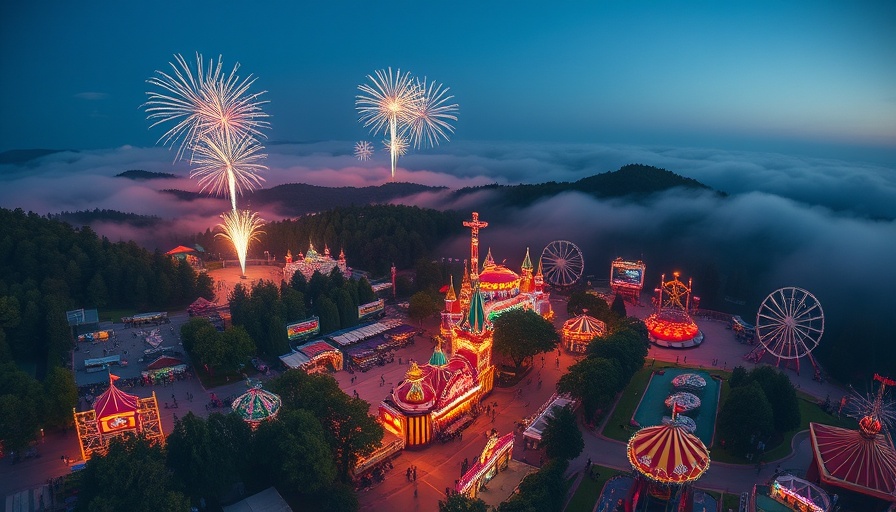 Epic Universe aerial view with fireworks and colorful attractions.
