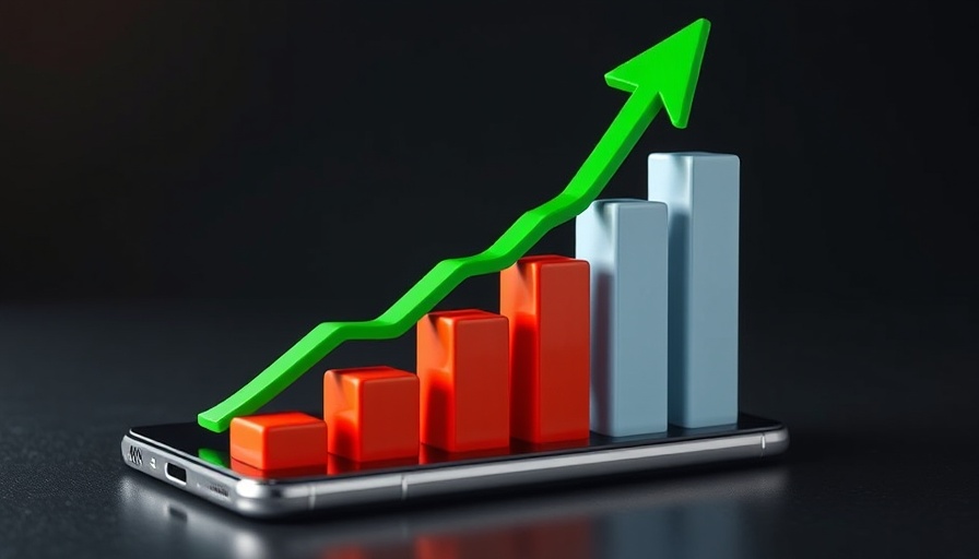 3D bar graph indicating stock market growth with smartphone.
