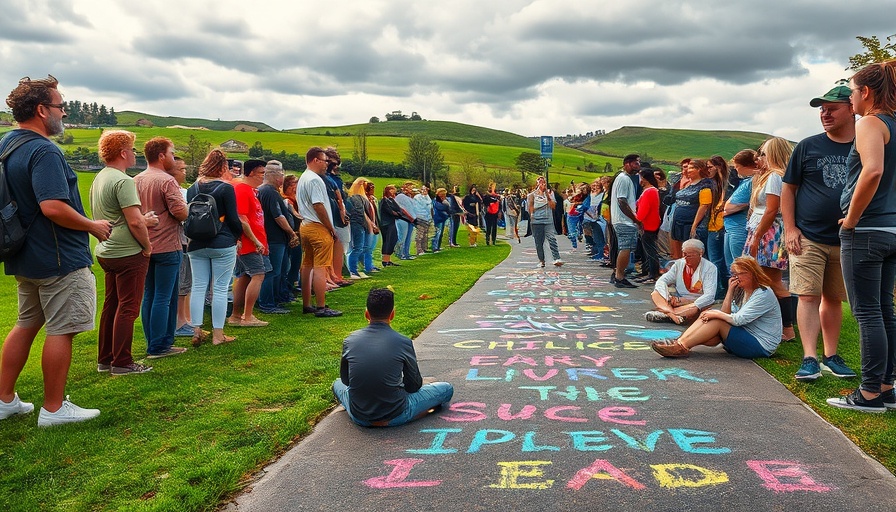 Peaceful protest in park with chalk messages about layoffs.