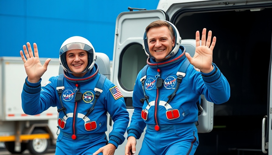 NASA astronauts return home, stepping from vehicle, smiling and waving.