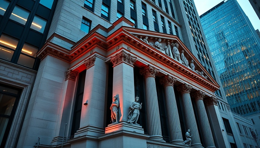 New York Stock Exchange facade amidst trade wars, sculpture details.