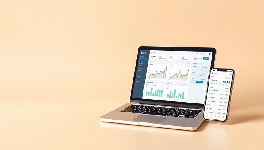 Laptop and smartphone showing analytics on beige background, Bench.